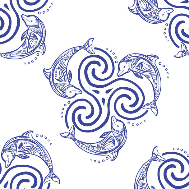 Seamless pattern with dolphins in wave - Vektor, obrázek