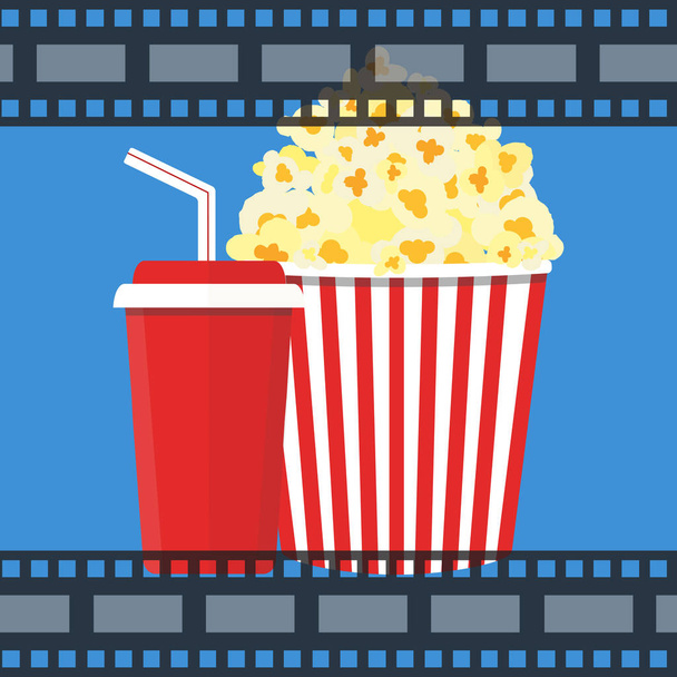Vektorillustration. Popcorn und Getränk. Filmstreifenrand. Kino - Vektor, Bild