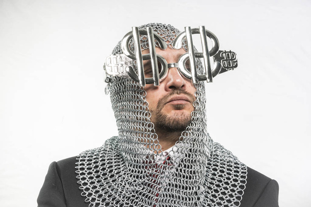 man with medieval chain mail and dollar-shaped glasses - Fotografie, Obrázek