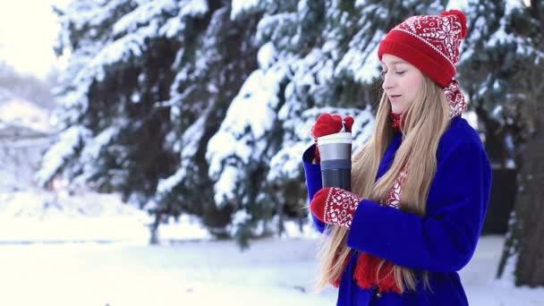 Όμορφη γυναίκα με ρούχα χειμώνα, απολαμβάνοντας ζεστά ροφήματα - Πλάνα, βίντεο