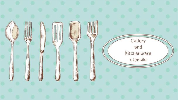 Cutlery and Kitchenware utensils vector illustration. Vintage sketch style. - Vector, Image