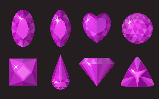 Purple gems set. Jewelry, crystals collection isolated on black background. Precious stones of different shapes, cut. Colorful  gemstones. Realistic, cartoon style. Vector illustration, clip art - Vector, Image