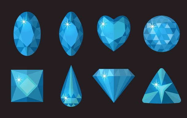 Blue gems set. Jewelry, crystals collection isolated on black background.  diamonds of different shapes, cut. Colorful  gemstones. Realistic, cartoon style. Vector illustration, clip art - Vector, Image
