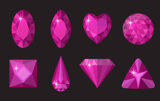 Pink gems set. Jewelry, crystals collection isolated on black background. Precious stones of different shapes, cut. Colorful  gemstones. Realistic, cartoon style. Vector illustration - Vector, Image