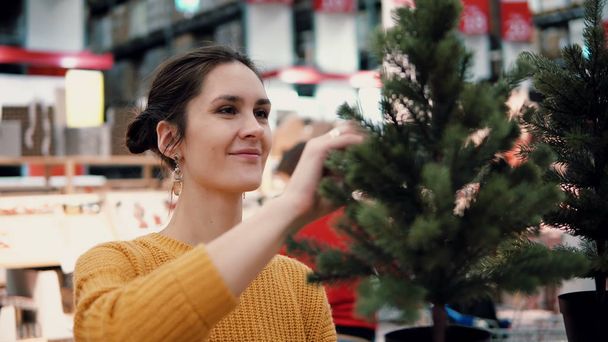 Young attractive brunette girl at the store chooses an artificial Christmas tree, Christmas decoration. - Foto, imagen