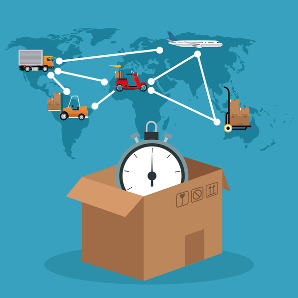cardboard box clock connection global delivery concept - Vector, Image