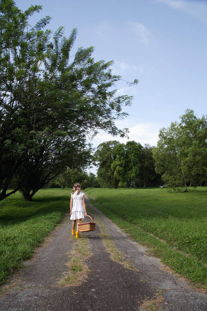 young girl walking down road with basket - Fotó, kép