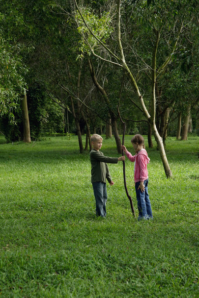boy and girl holding stick  - Foto, Imagen