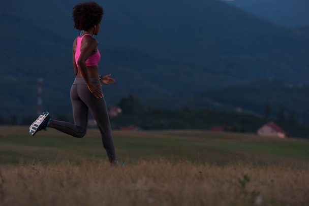 自然の中ジョギング若いアフリカ系アメリカ人女性 - 写真・画像