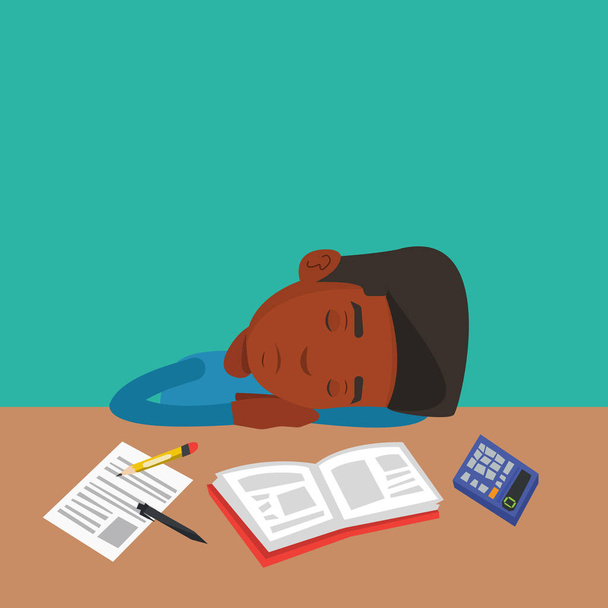 Άνδρας των φοιτητών που κοιμάται στο γραφείο με το βιβλίο. - Διάνυσμα, εικόνα