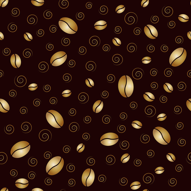 Vector seamless pattern background of Golden coffee beans and spirals on the dark ground. - Vektör, Görsel