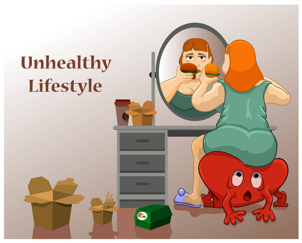 Unhealthy Lifestyle woman - Vector, Image