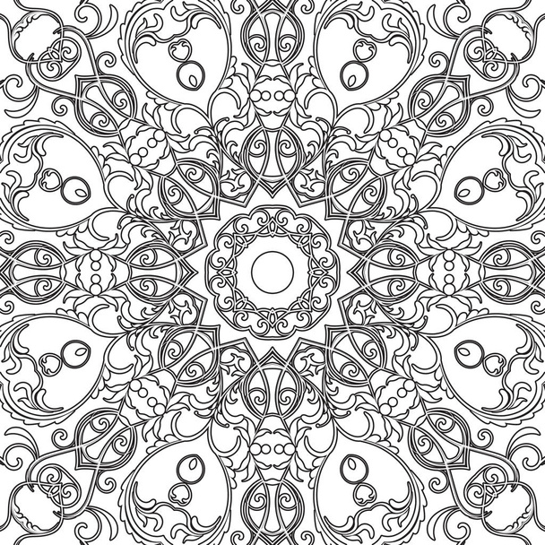 Mandala seamless floral pattern with flowers and hearts. Coloring pages for adults and older children, white and black. Seamless pattern. Doodle lace mandala ornament. Vector illustration. - Vecteur, image