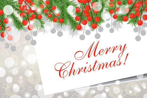 Christmas background with fir branches and red berries. The magic white card. Vector  - Vecteur, image