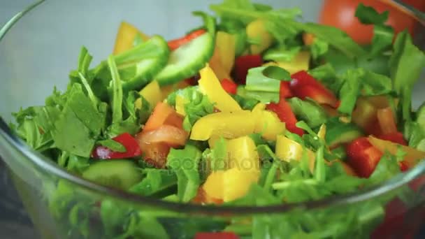 Salade van verse groenten draait in een cirkel - Video