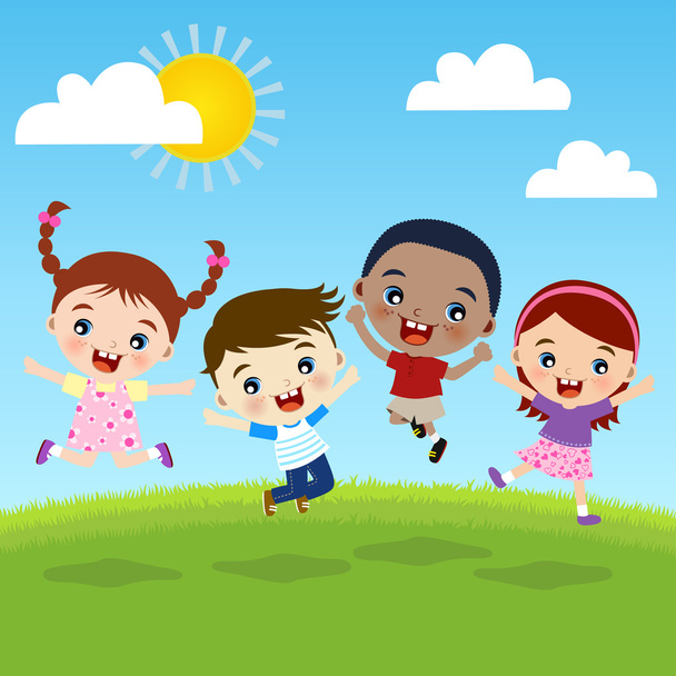 multiculturele kinderen springen op heuvel - Vector, afbeelding