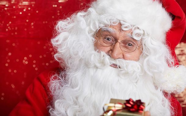 Photo of happy Santa Claus in eyeglasses looking at camera - Fotó, kép