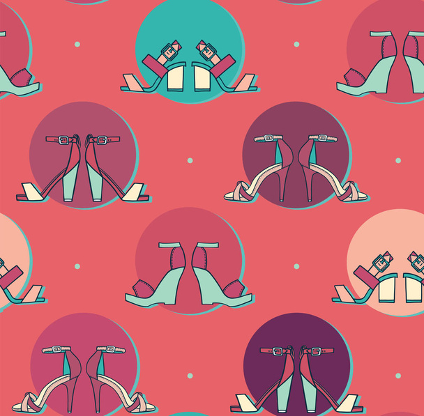 Bright vector illustration with sandals pairs in colorful circles on pink background in seamless pattern design. Hand drawn texture good for fashion and footwear design, tileable, creative. - Вектор,изображение