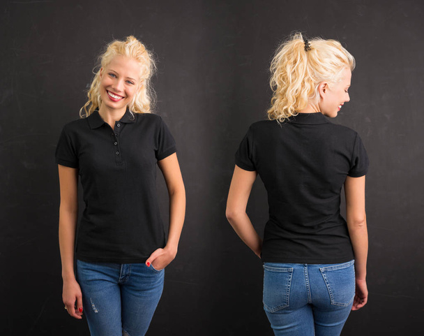 黒の背景に黒のポロ t シャツの女性 - 写真・画像