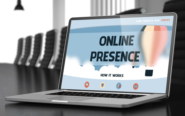Online aanwezigheid op Laptop in de conferentiezaal. 3D. - Foto, afbeelding