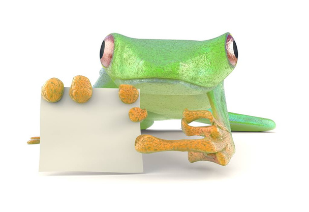 Зеленая лягушка с красным глазом и пустым знаком, указывающим пальцем на трехмерную иллюстрацию
 - Фото, изображение