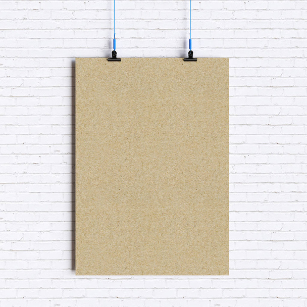 Paper blank poster template hanging over wall. 3D illustration - Photo, Image