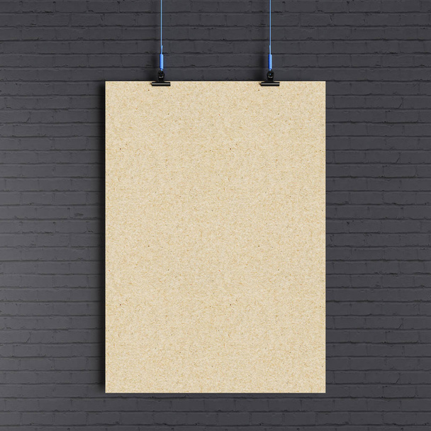 Modelo de cartaz em branco de papel pendurado sobre a parede. Ilustração 3D
 - Foto, Imagem