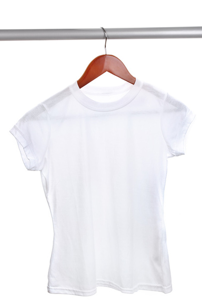 White t-shirt on hanger isolated on white - Fotó, kép