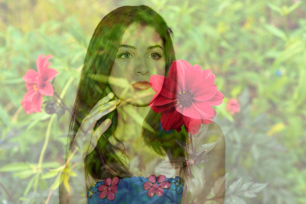 Double exposure of pretty girl looking aside and red flowers - Foto, imagen