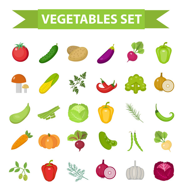 Vegetable icon set, flat, cartoon style. Fresh vegetables and herbs isolated on white background. Farm products, vegetarian food. Cabbage, beets, peppers, greens, potatoes. Vector illustration - Vektor, kép