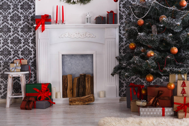 Christmas presents under fir tree, holiday concept - Photo, Image