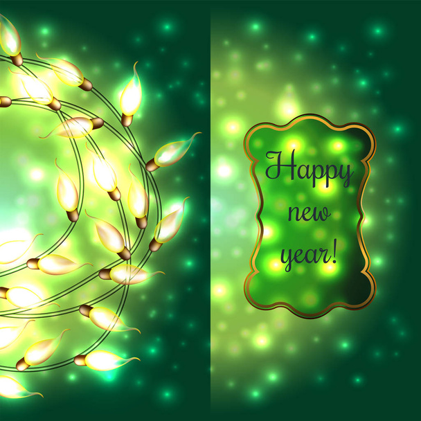 Barevné zeleně zářící vánoční Lights.Vector prvky lze použít jako pozadí pro novoroční dekorace. Holiday ilustrace, světelný elektrický věnec, lesklé žárovky a drát - Vektor, obrázek