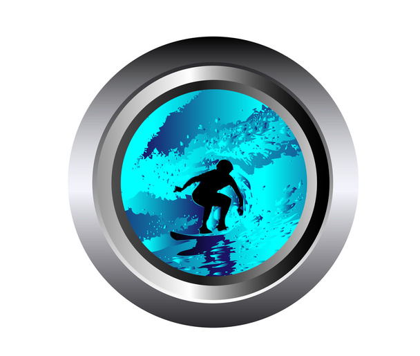 Wave and surfer vector illustration in black button - Vector, imagen