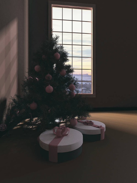 Christmas tree with gifts in the room, 3d  - Photo, Image