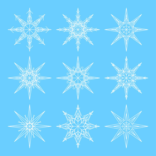 Nueve esbozos de copos de nieve para el diseño. Blanco sobre fondo azul
 - Vector, imagen