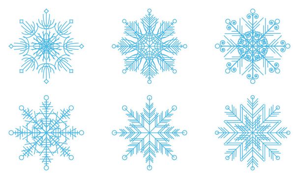 Six outline snowflakes set for design. Blue on white background - Vector, Image