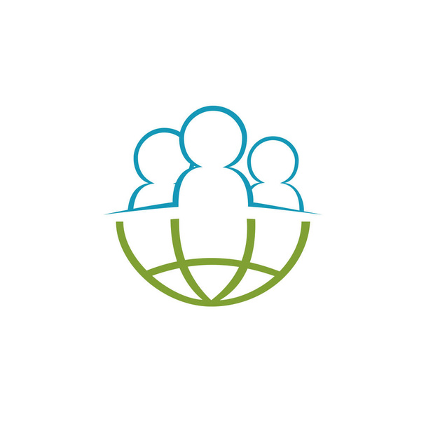 Global Business vektori logo suunnittelu malli. Kuvitus ihmisten kanssa siluetti ja maapallo symboli
.  - Vektori, kuva