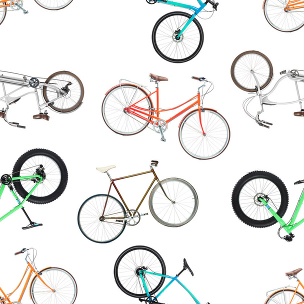Naadloze patroon van verschillende fietsen geïsoleerd op een witte - Foto, afbeelding