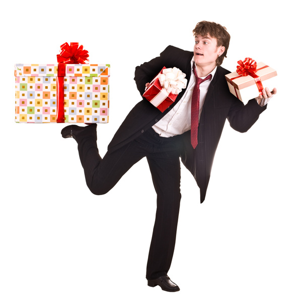 Man with falling gift box run. - Foto, Imagem