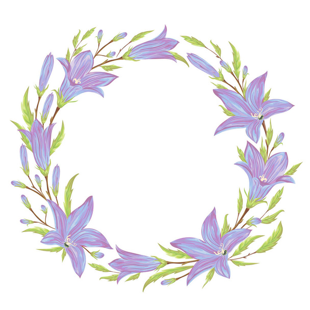 Wreath with blue bluebells flowers. Collection floral design elements for wedding invitations and birthday cards. Isolated elements. Vintage vector illustration in watercolor style. - Vector, Imagen