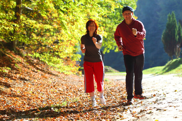 Woman and man walking cross country trail in autumn forest - Foto, immagini
