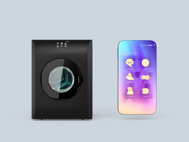 Çamaşır makinesi ve gri arka plan üzerinde izole smartphone - Fotoğraf, Görsel