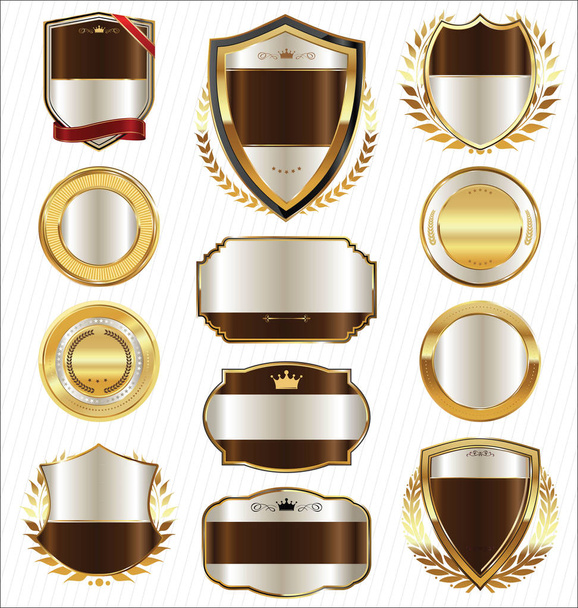 Golden shields laurel wreaths and badges collection  - Vector, Image
