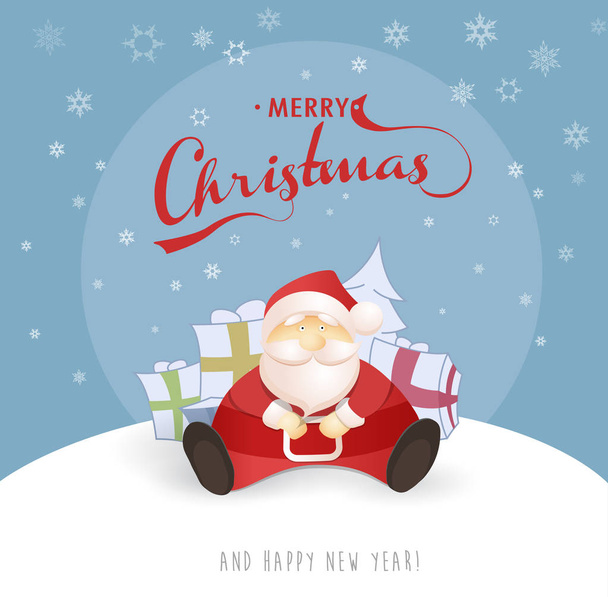 Merry Christmas and Happy New Year greeting card with Santa sitt - Vector, Image
