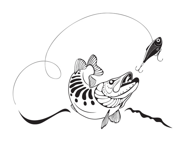 Pike και θέλγητρο αλιείας, εικονογράφηση φορέας - Διάνυσμα, εικόνα