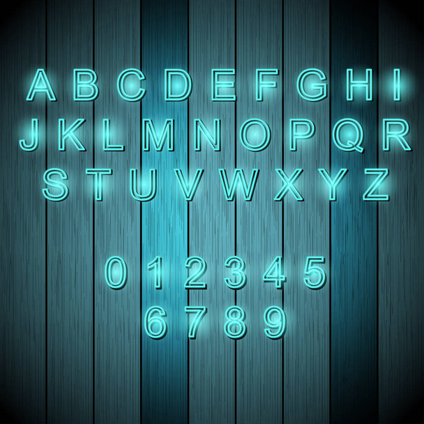 Alphabet neon style on wooden background vector object - Vector, Image