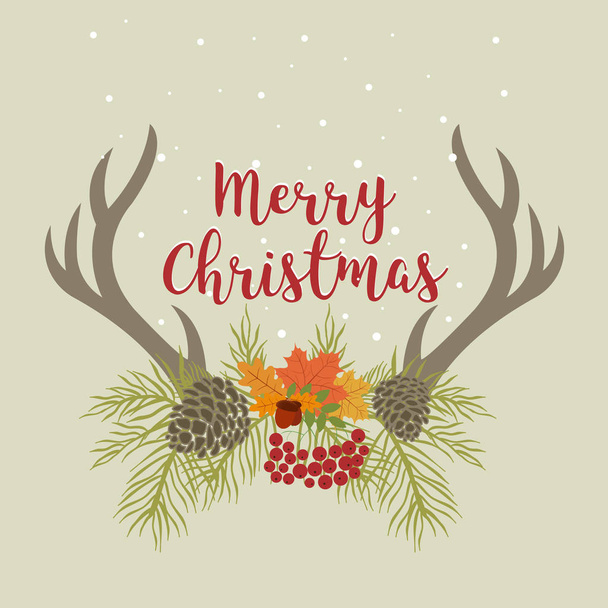 Merry Christmas retro hipster poster with hand lettering, antlers and flowers. This illustration can be used as a greeting card, poster or print - Vektör, Görsel