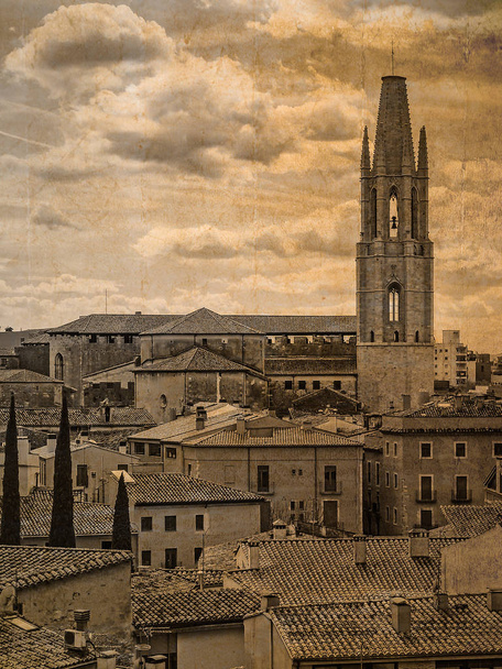Postcard with the exterior view of the cathedral San Felix of Girona, Catalonia, Spain, in vintage look - Photo, Image
