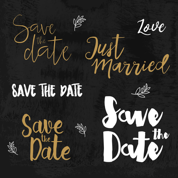 Speichern Sie die Datumslogos. Hochzeitseinladung mit handgezeichneten Schriftzügen isoliert. Vintage typografische Gestaltungselemente - Vektor, Bild