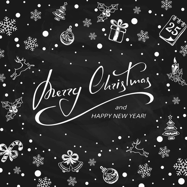 Feliz Natal com decorações em fundo de quadro preto
 - Vetor, Imagem